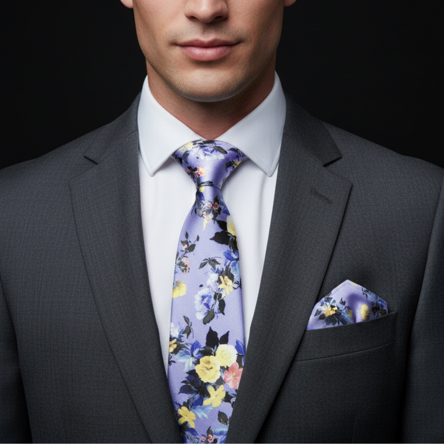 Man wearing a gray suit with a floral tie and pocket square on a black background