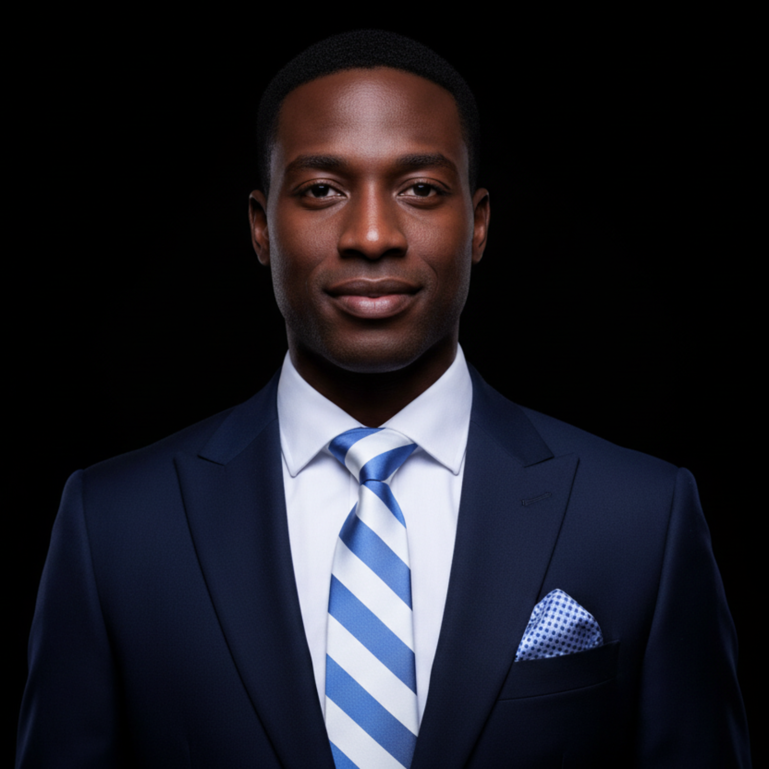 Man wearing a navy suit with a blue and white striped tie on a black background