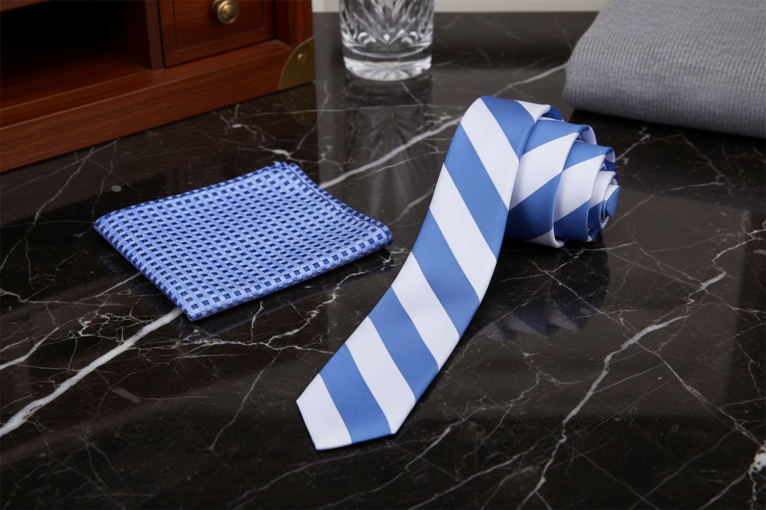Blue and white striped tie and blue pocket square on a dark marble surface.