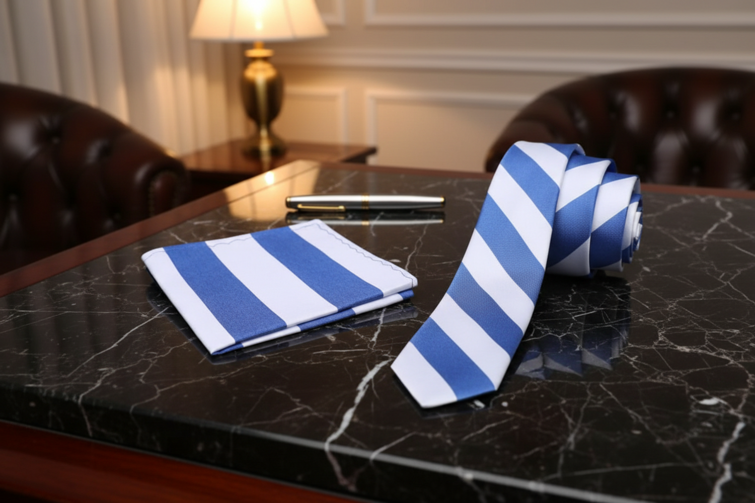 Blue and white striped thin tie and pocket square set on a white background