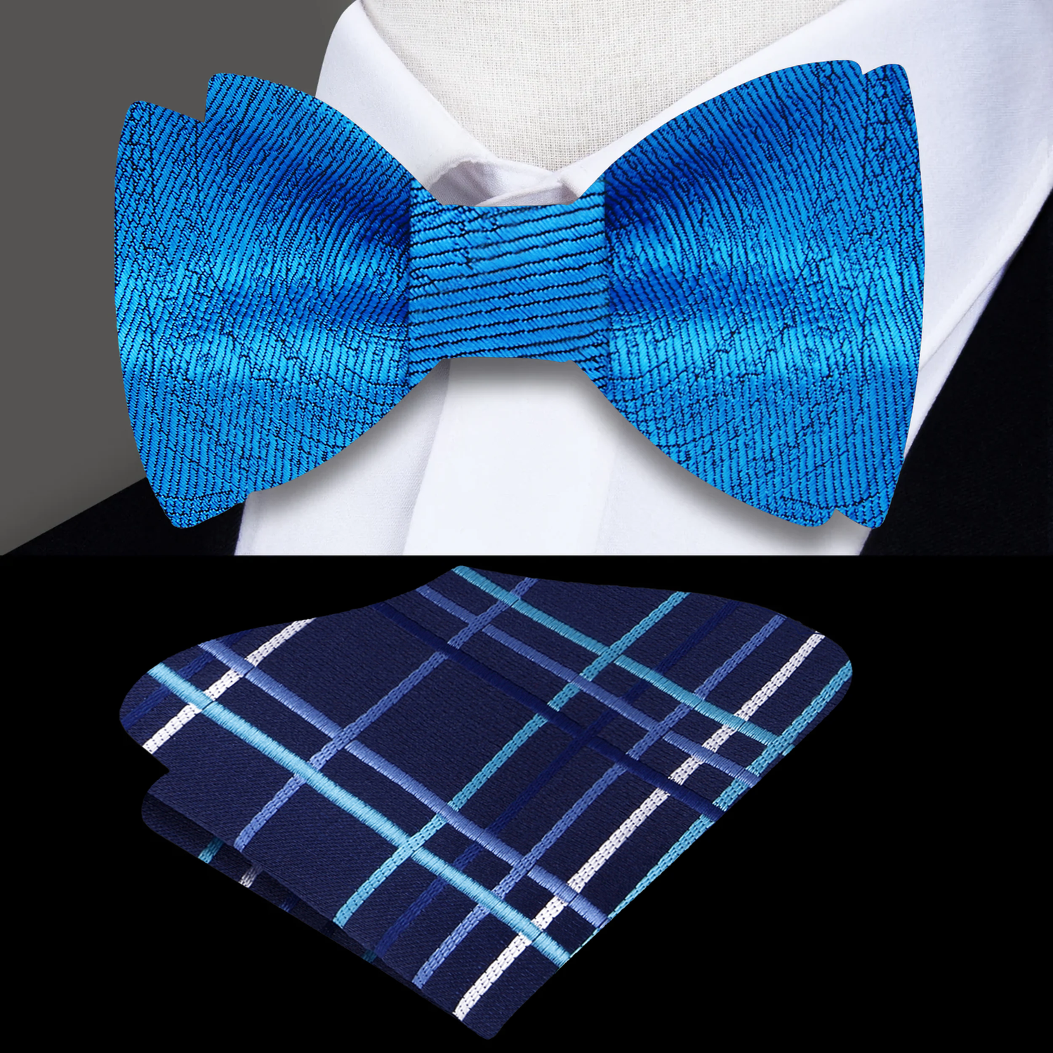 teal paisley bow tie and accenting pocket square||Teal Blue