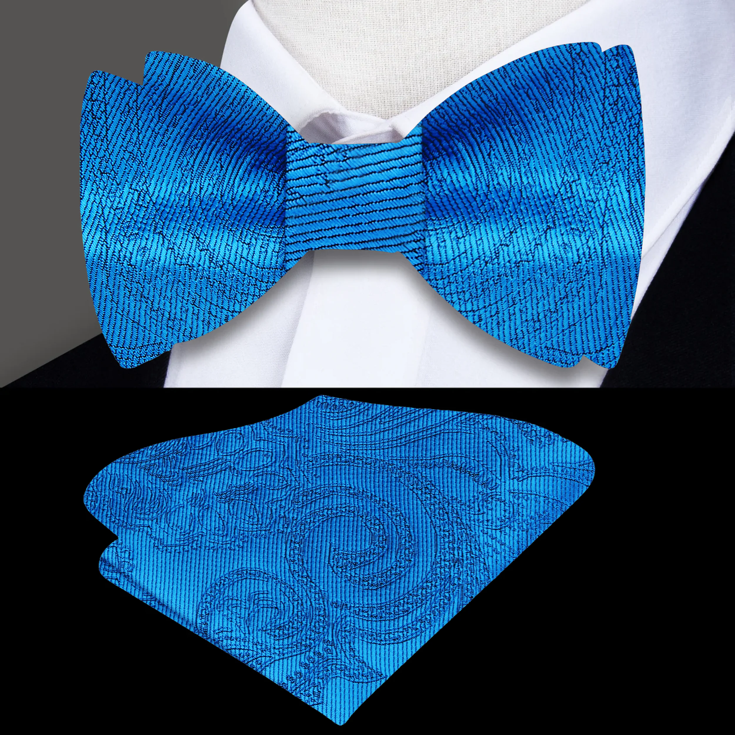 teal paisley bow tie and pocket square||Teal Blue