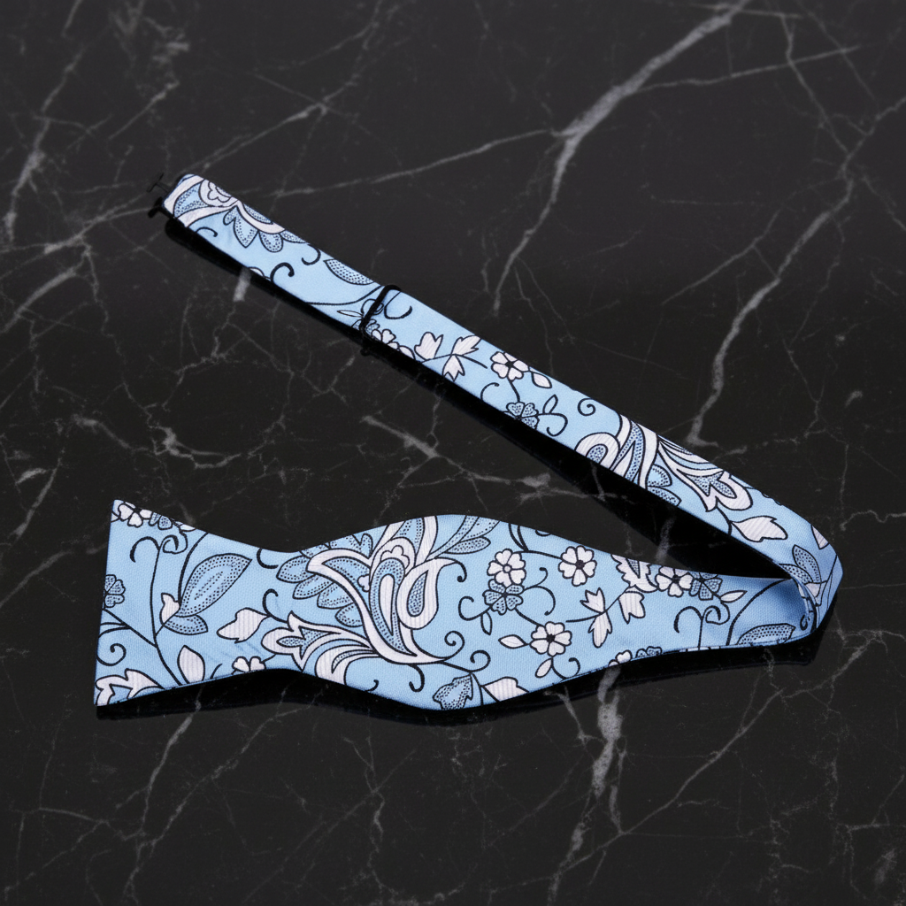 A Light Blue, White, Black Floral Pattern Silk Self Tie Bow Tie 
