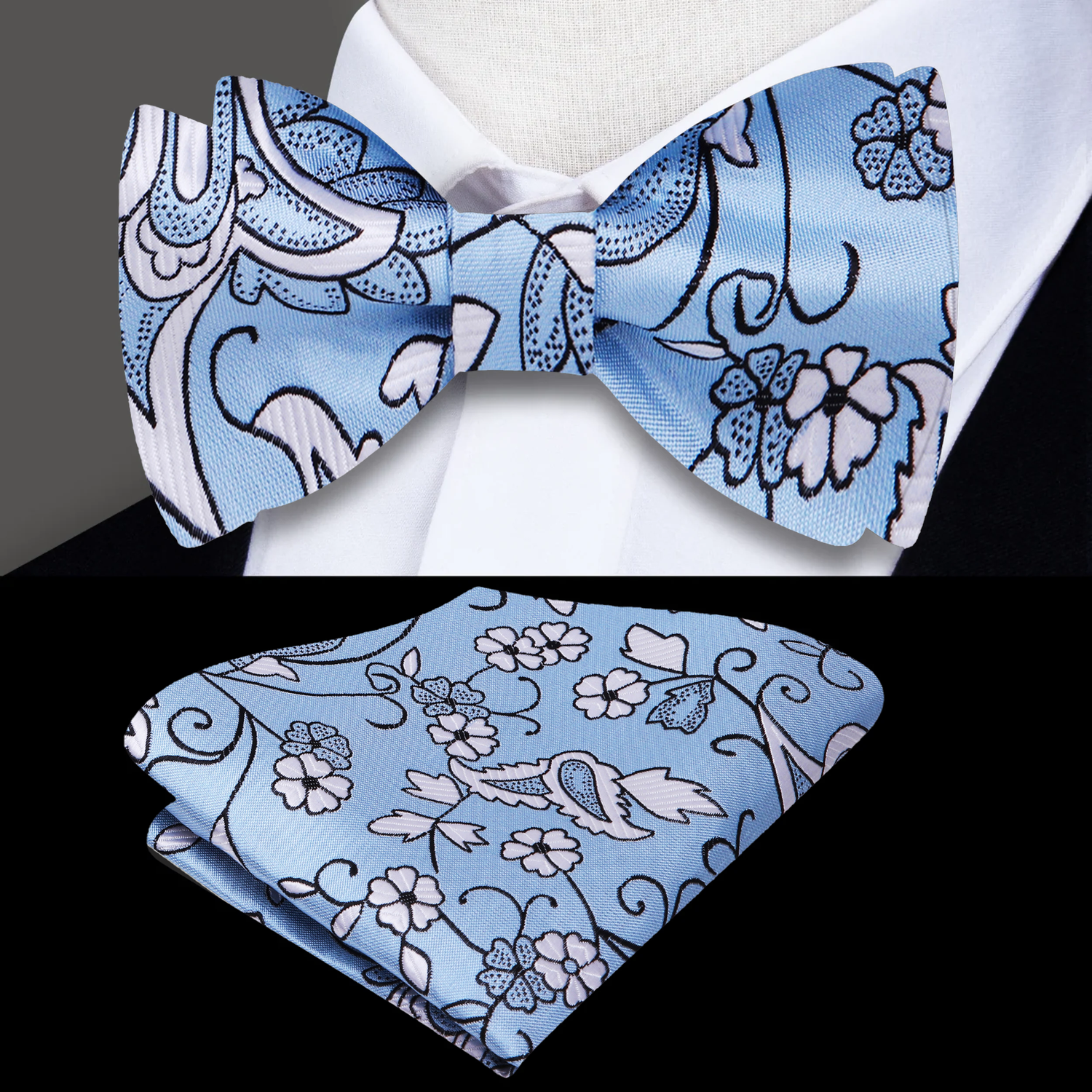 A Light Blue, White, Black Floral Pattern Self Tie Bow Tie, Matching Pocket Square
