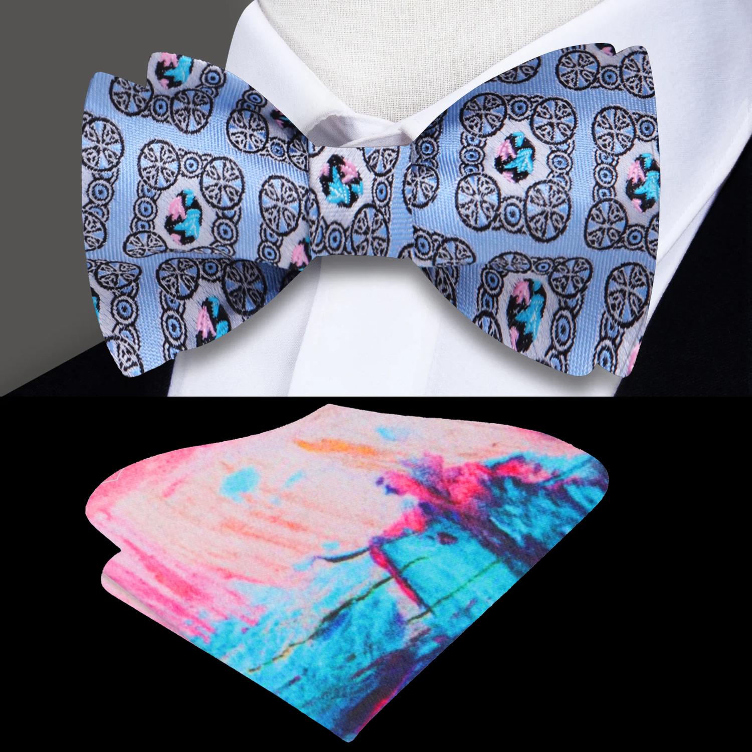 A Blue, Light Pink, Black Geometric Diamond Pattern Self Tie Bow Tie, Accenting Pocket Square
