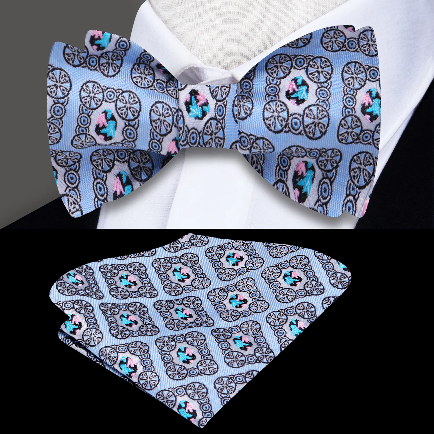 A Blue, Light Pink, Black Geometric Diamond Pattern Self Tie Bow Tie, Pocket Square