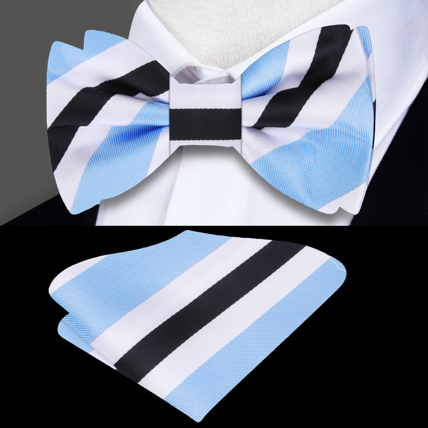 Light Blue, White, Black Stripe Bow Tie and Square