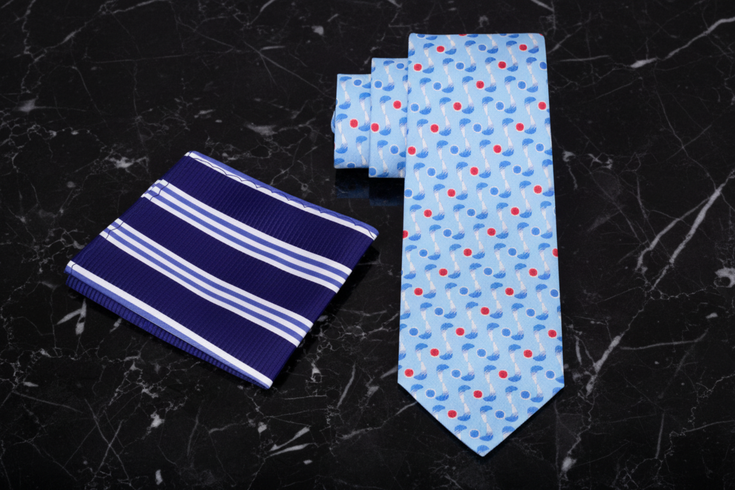 Alt: Light Blue, Red, White Boomerang Necktie and Accenting Blue Stripe Square