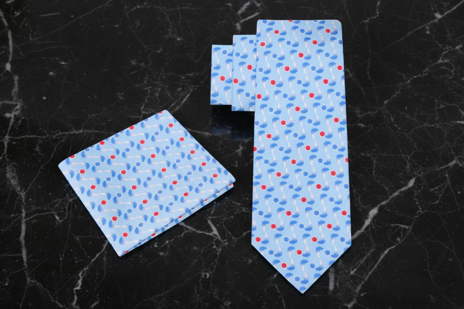 Alt: Light Blue, Red, White Boomerang Necktie and Square