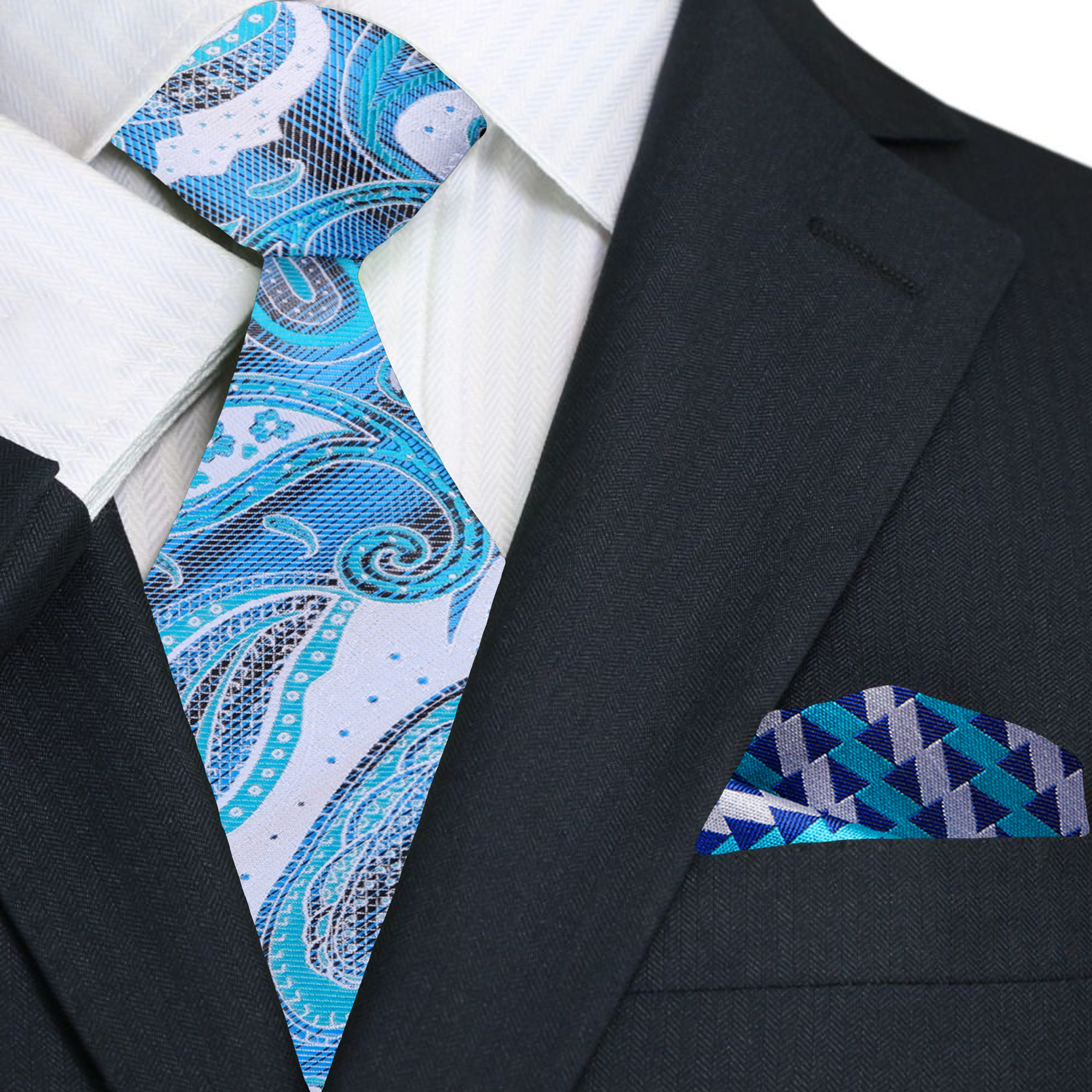 Blue, White Paisley necktie and Accenting Blue and Grey Triangles Square