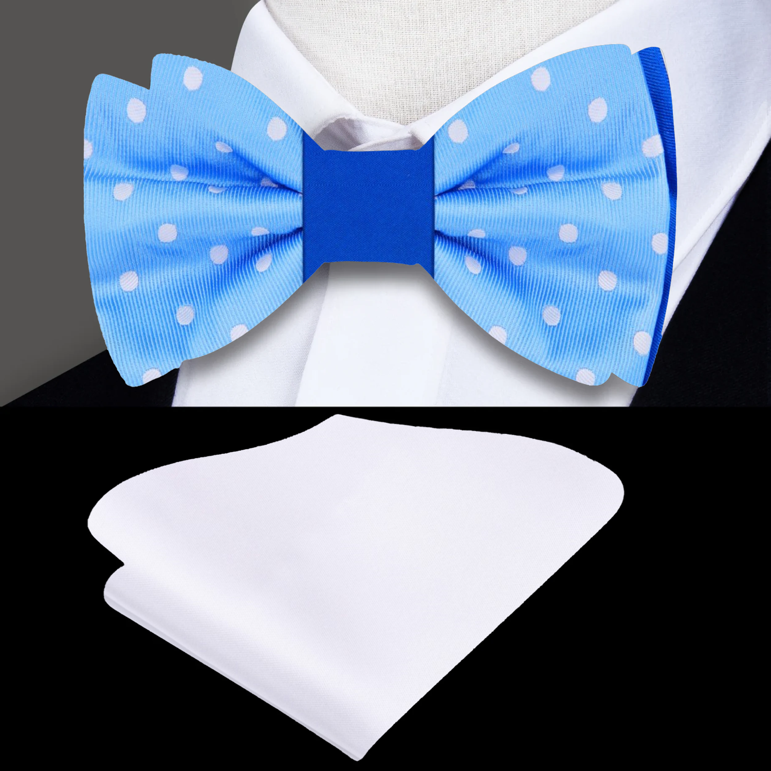 Shades of Blue Polka, White Polka/Solid Bow Tie and Solid White Pocket Square