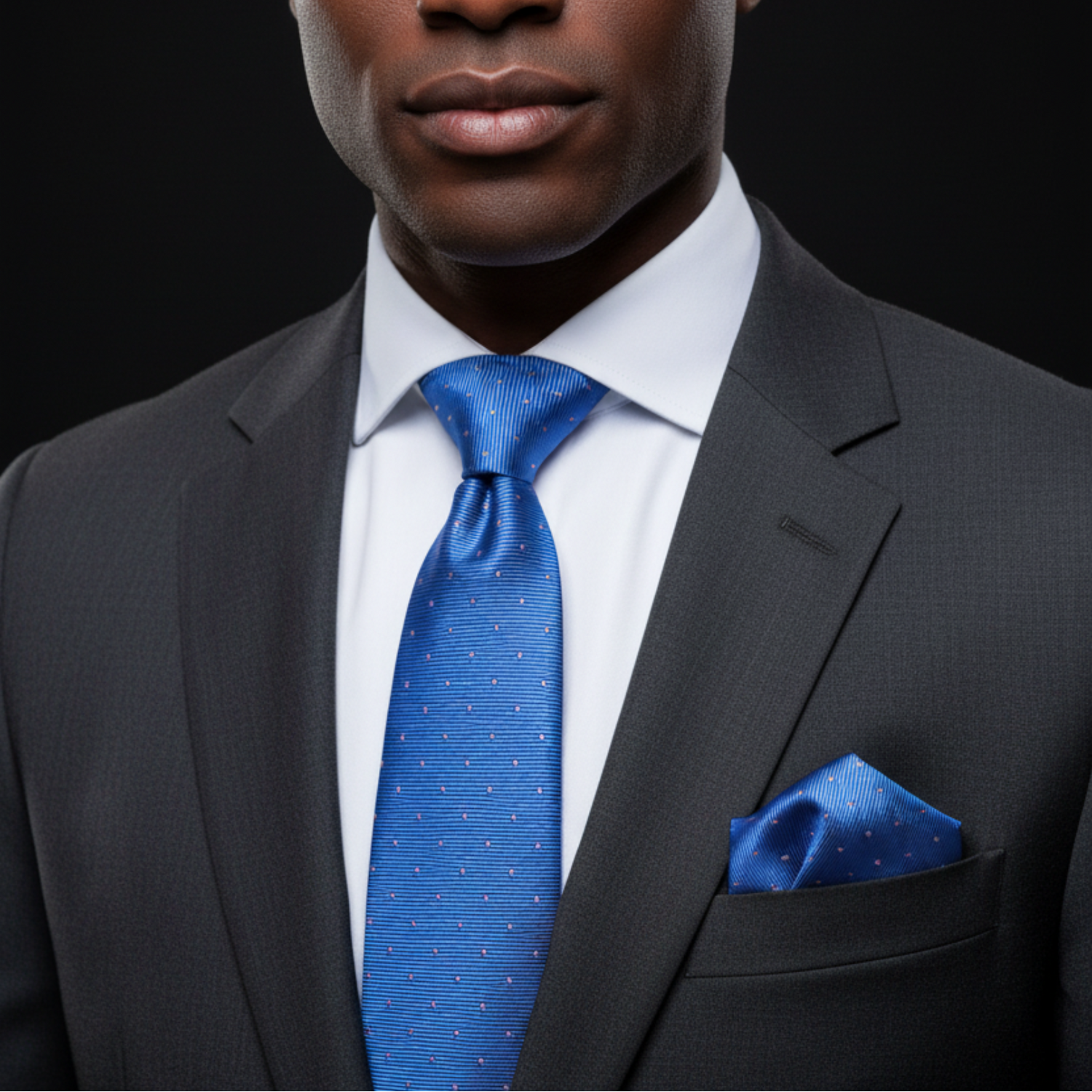 Man wearing a gray suit with a blue tie and pocket square on a black background