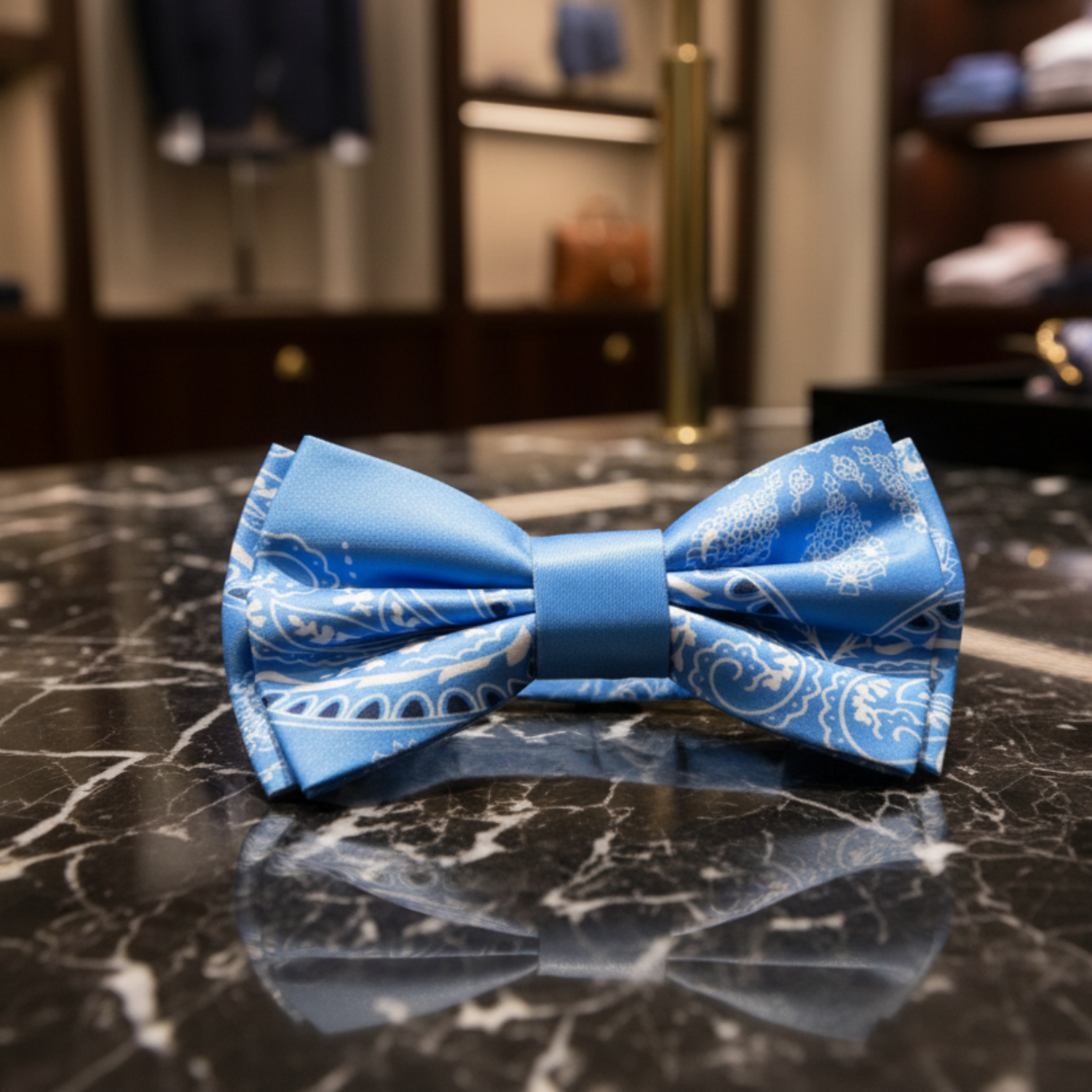 Light Blue White Paisley Bow Tie Pre Tied
