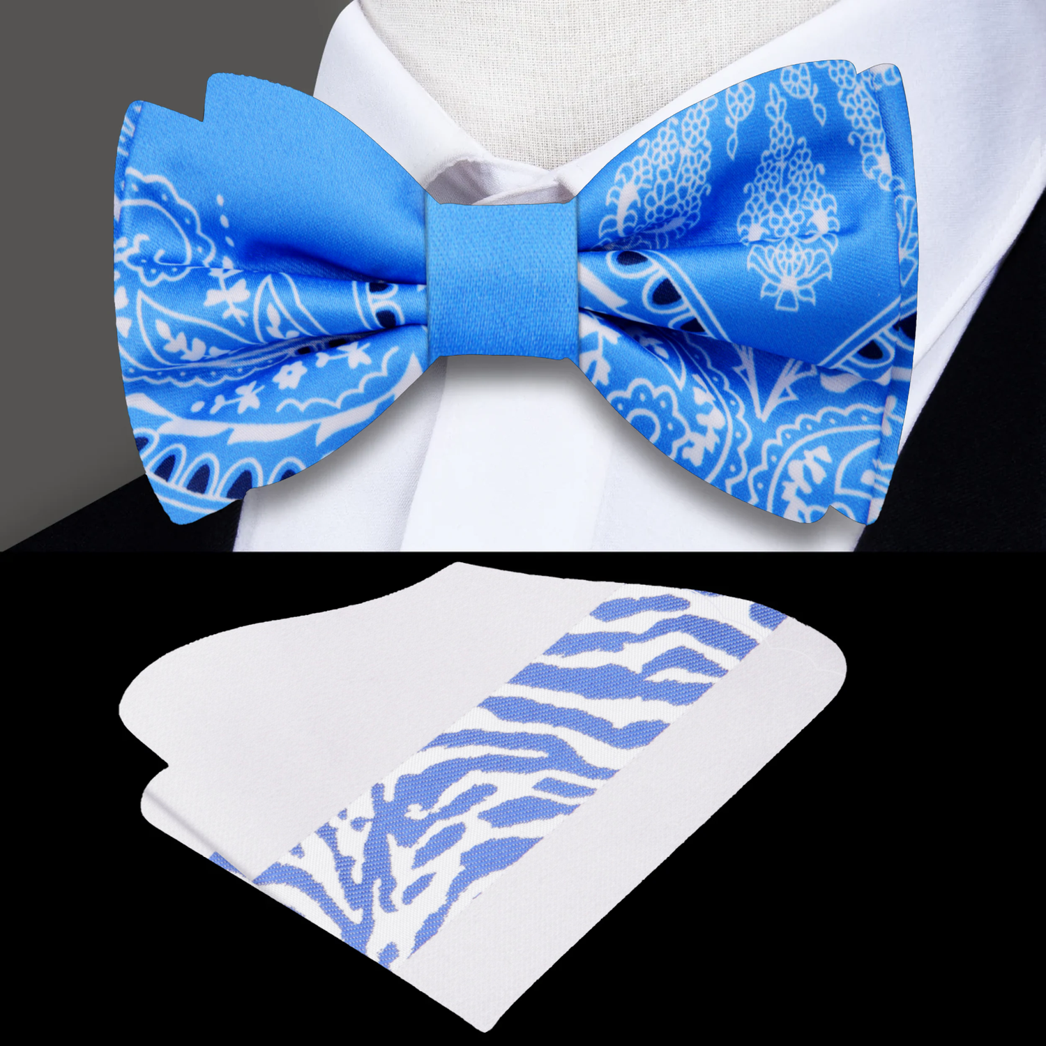 Light Blue White Paisley Bow Tie and Accenting Square