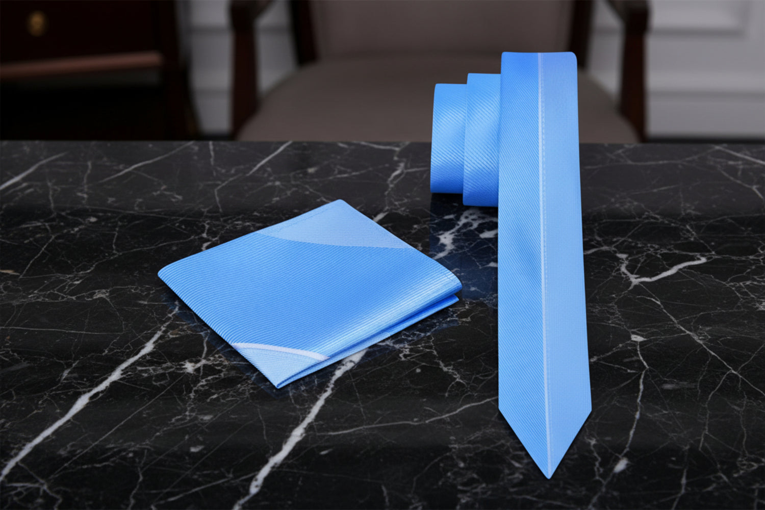 thin blue tie and square
