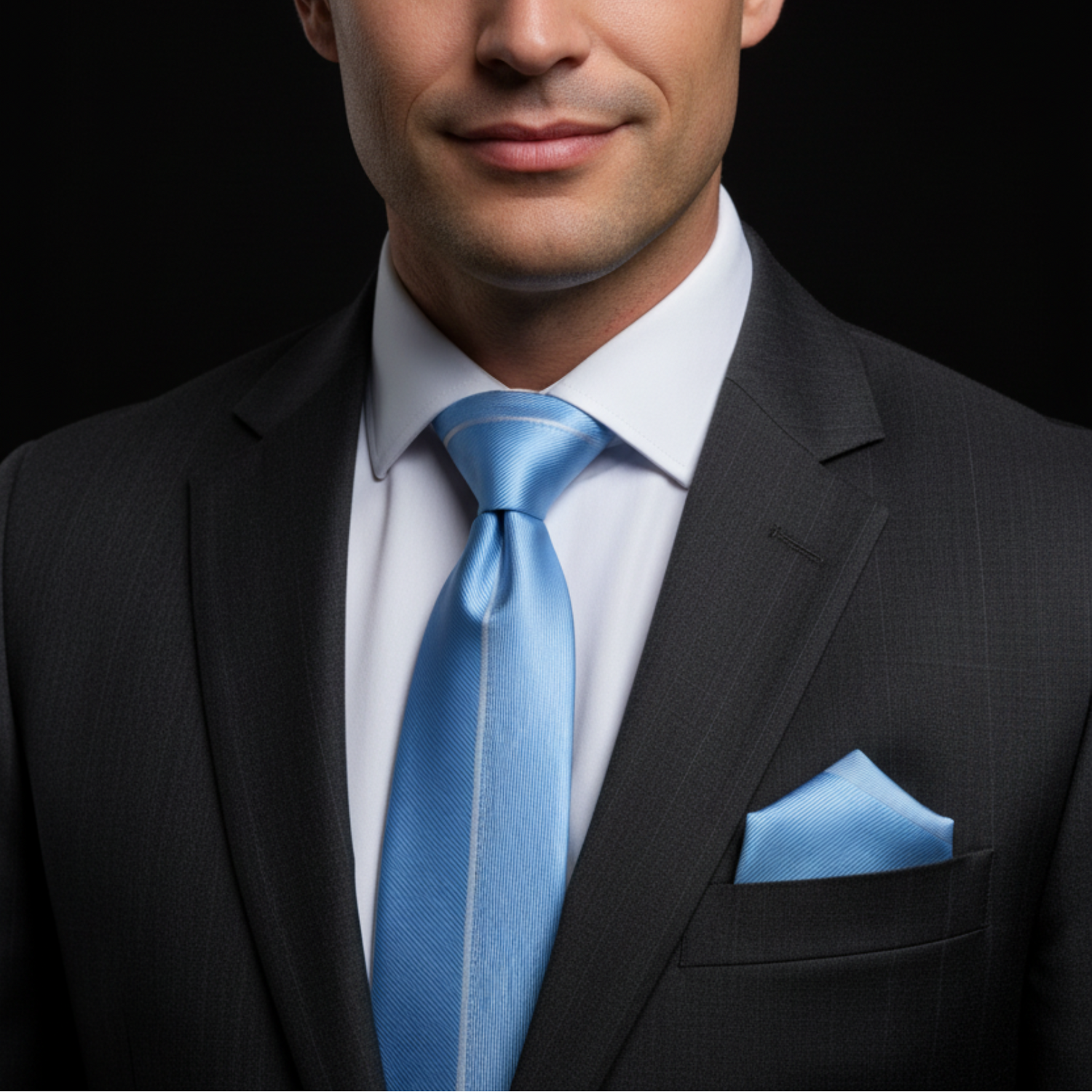 Man wearing a black suit with a white shirt and blue tie and pocket square against a black background