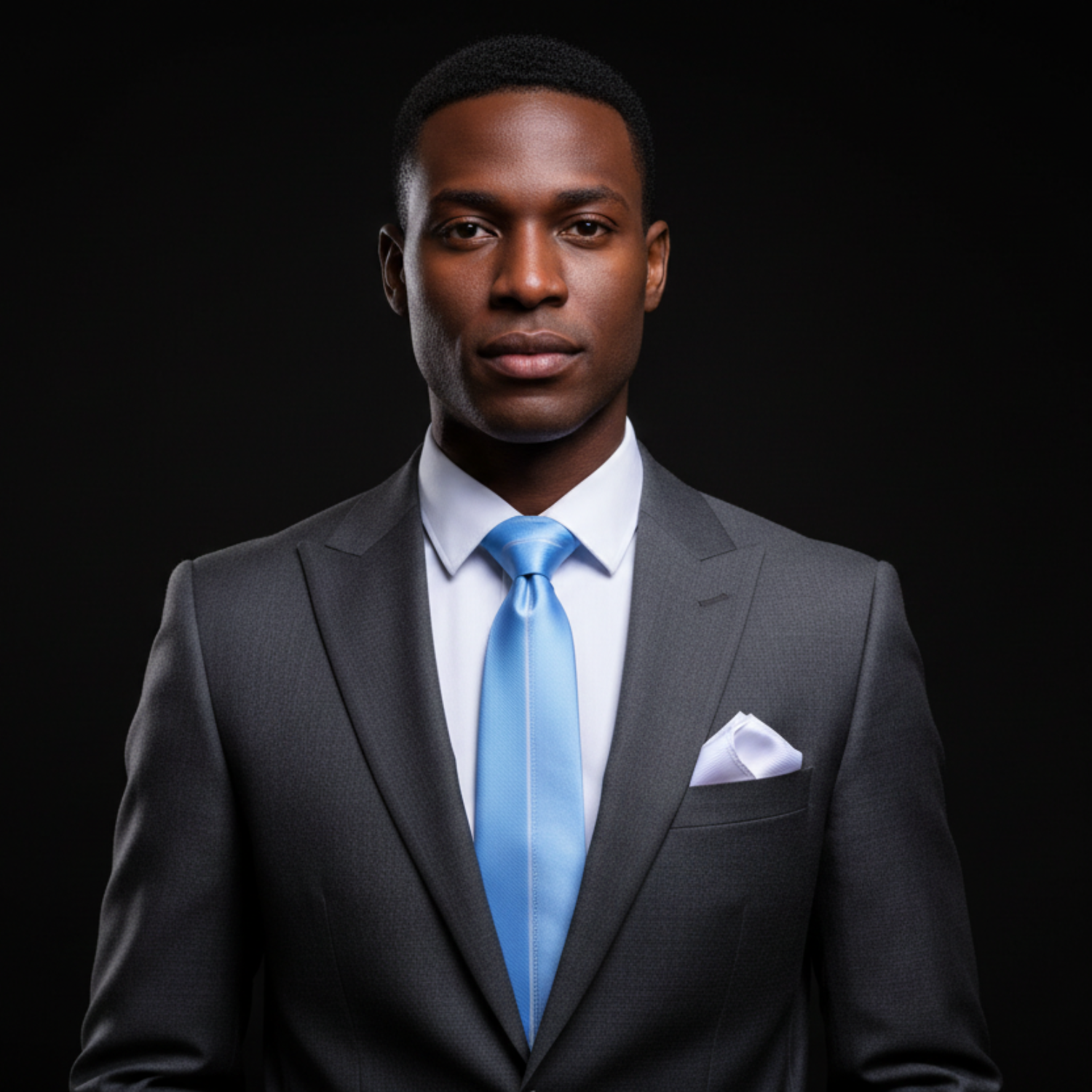 Man wearing a gray suit with a blue tie and white square on a black background