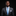 Man wearing a gray suit with a blue tie and white square on a black background