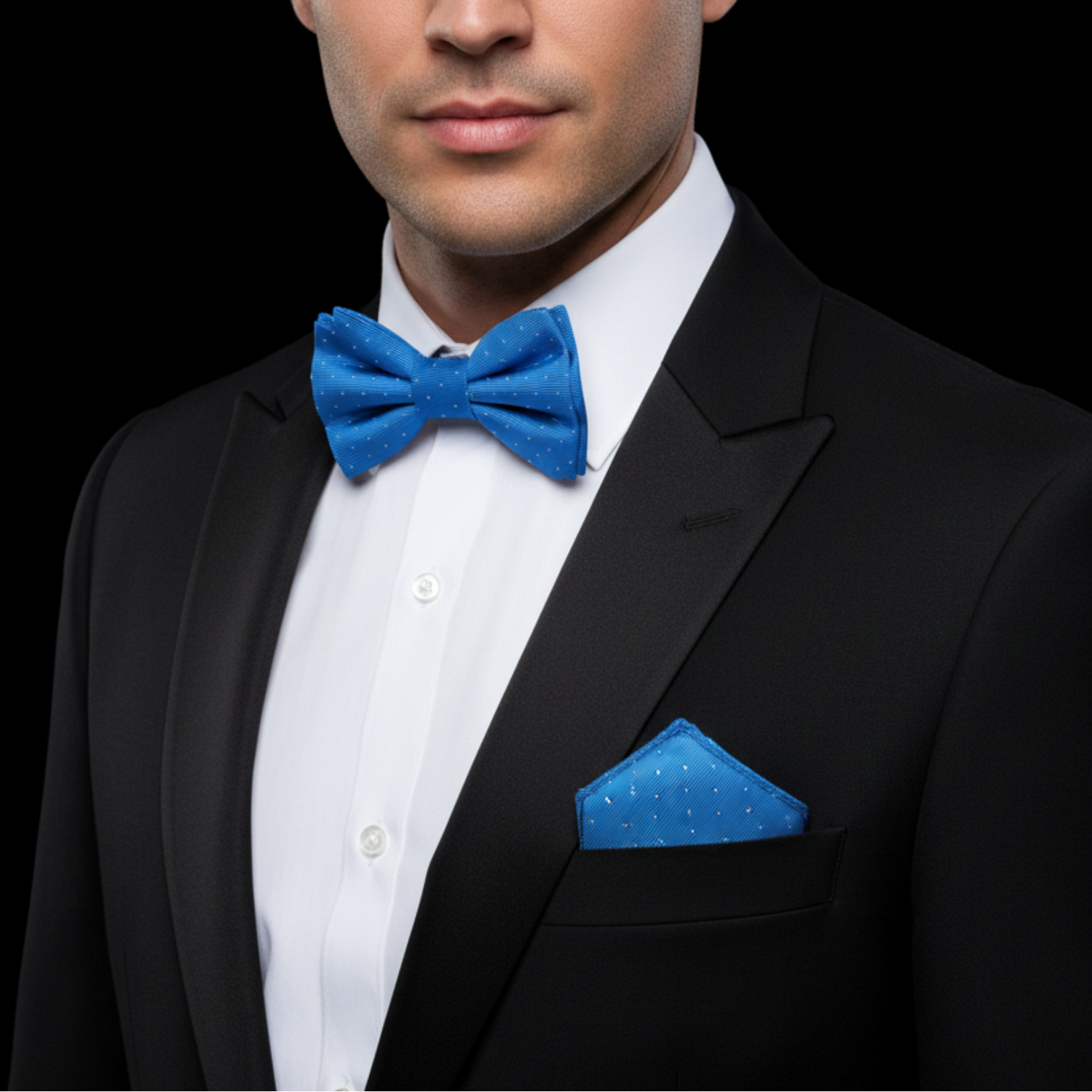 Man wearing a black tuxedo with a blue bow tie and pocket square on a black background