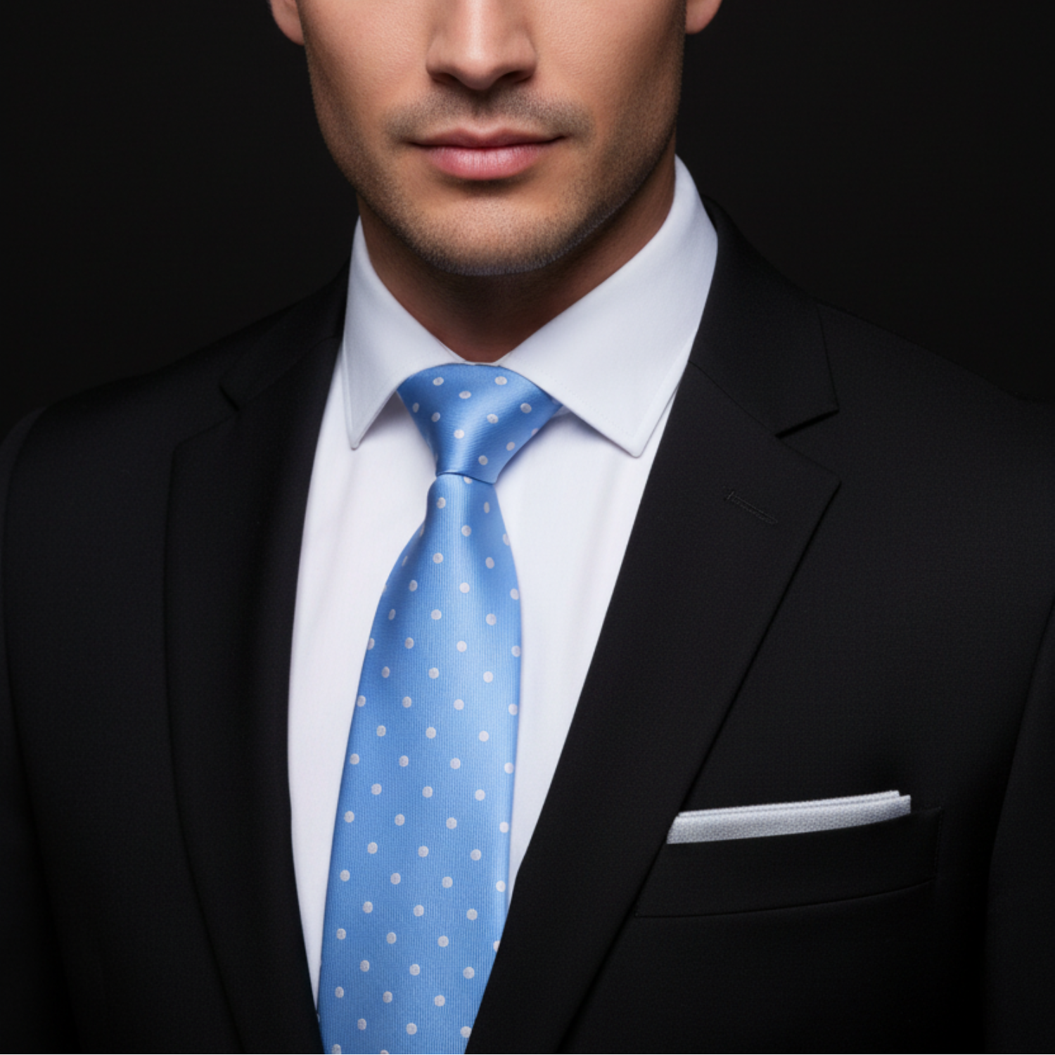 Man wearing a black suit with a white shirt and blue polka dot tie on a dark background