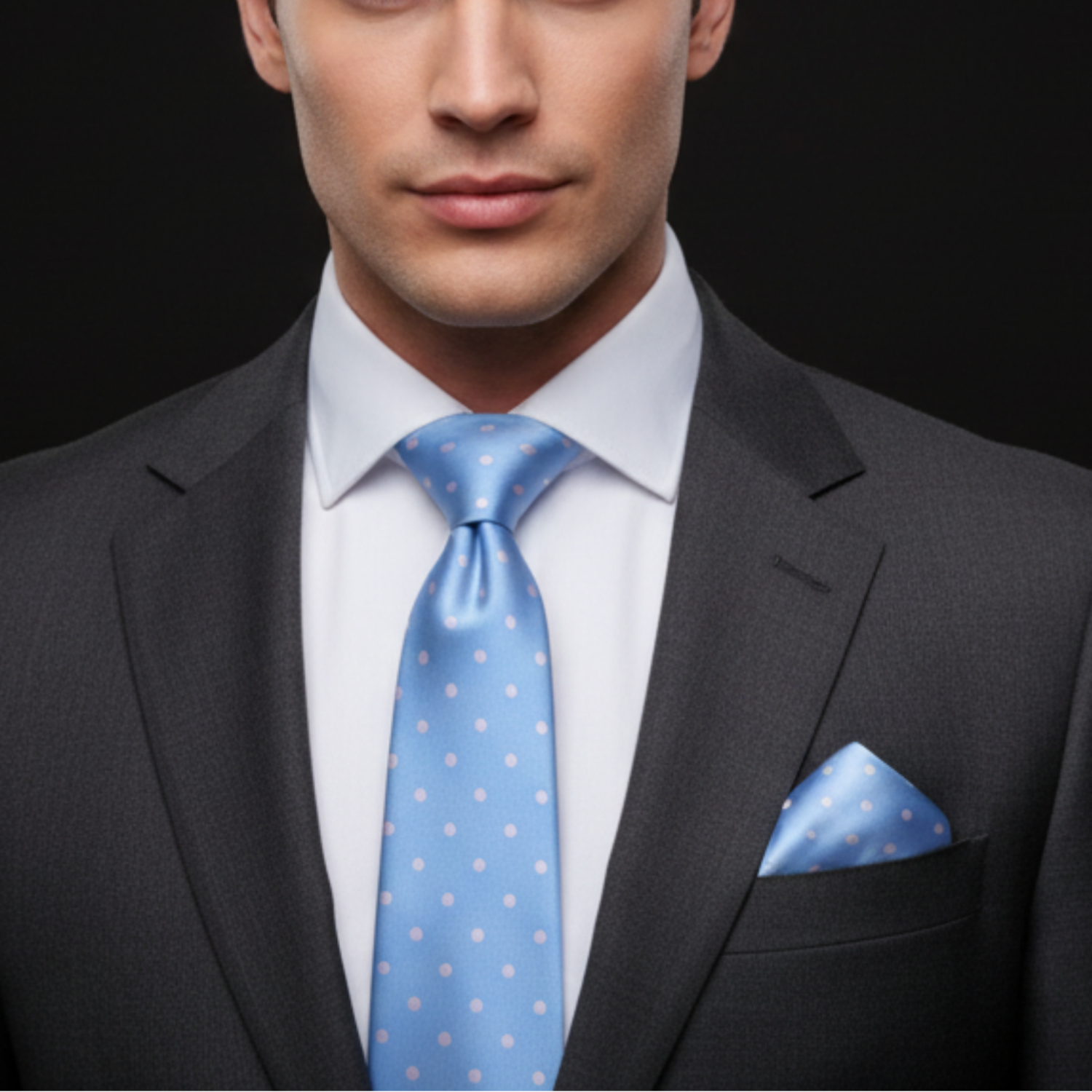Man wearing a dark suit with a light blue polka dot tie and pocket square on a black background