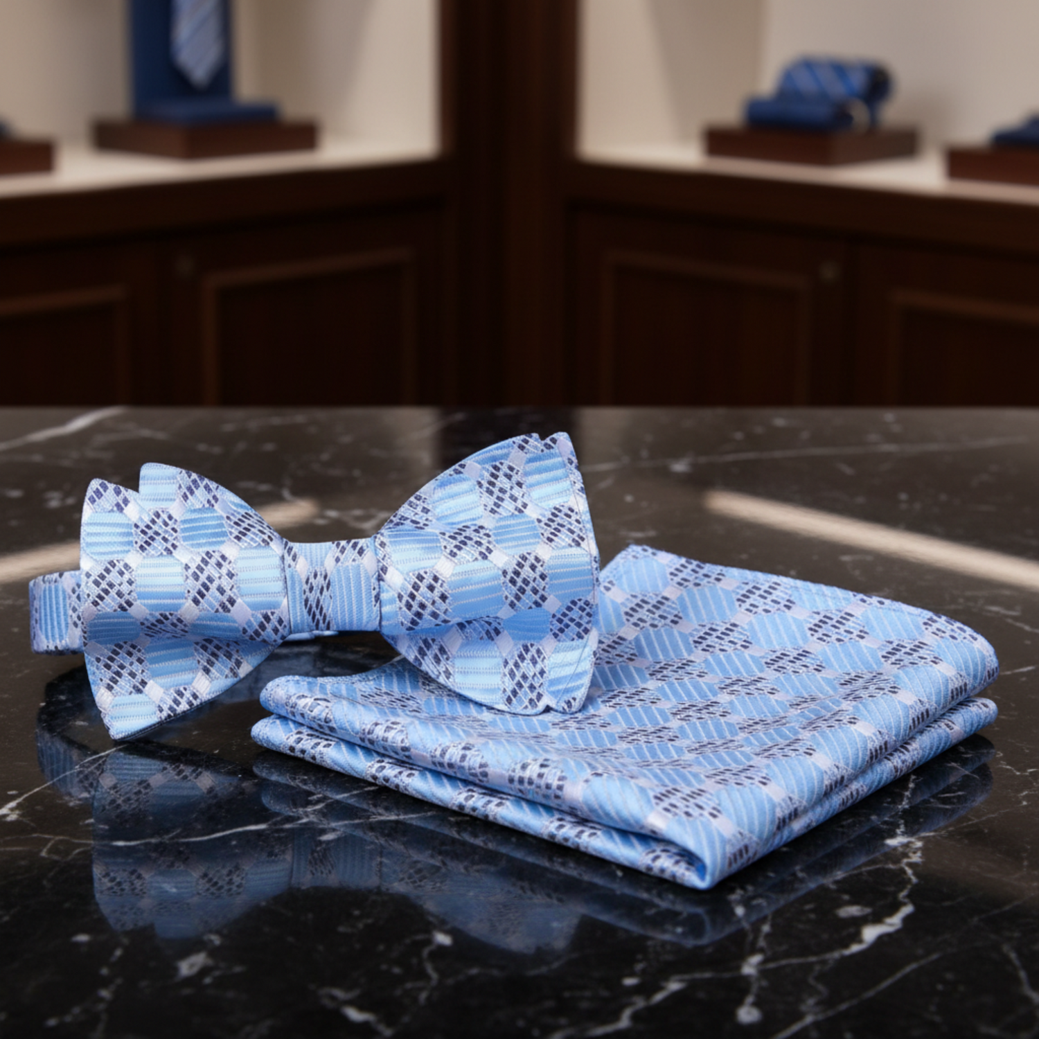 Blue Geometric Bow Tie and Pocket Square