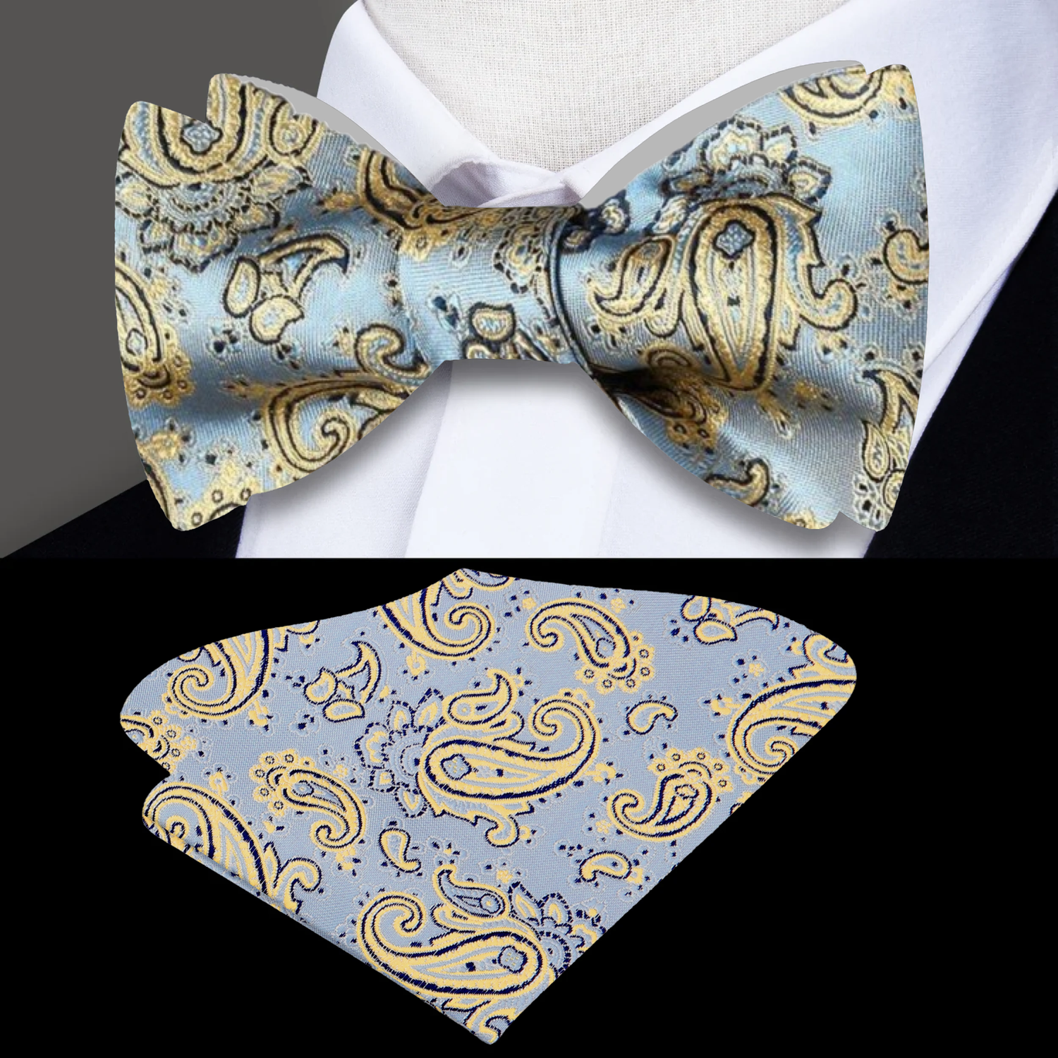 A Light Blue, Gold Paisley Pattern Self Tie Bow Tie, Matching Pocket Square