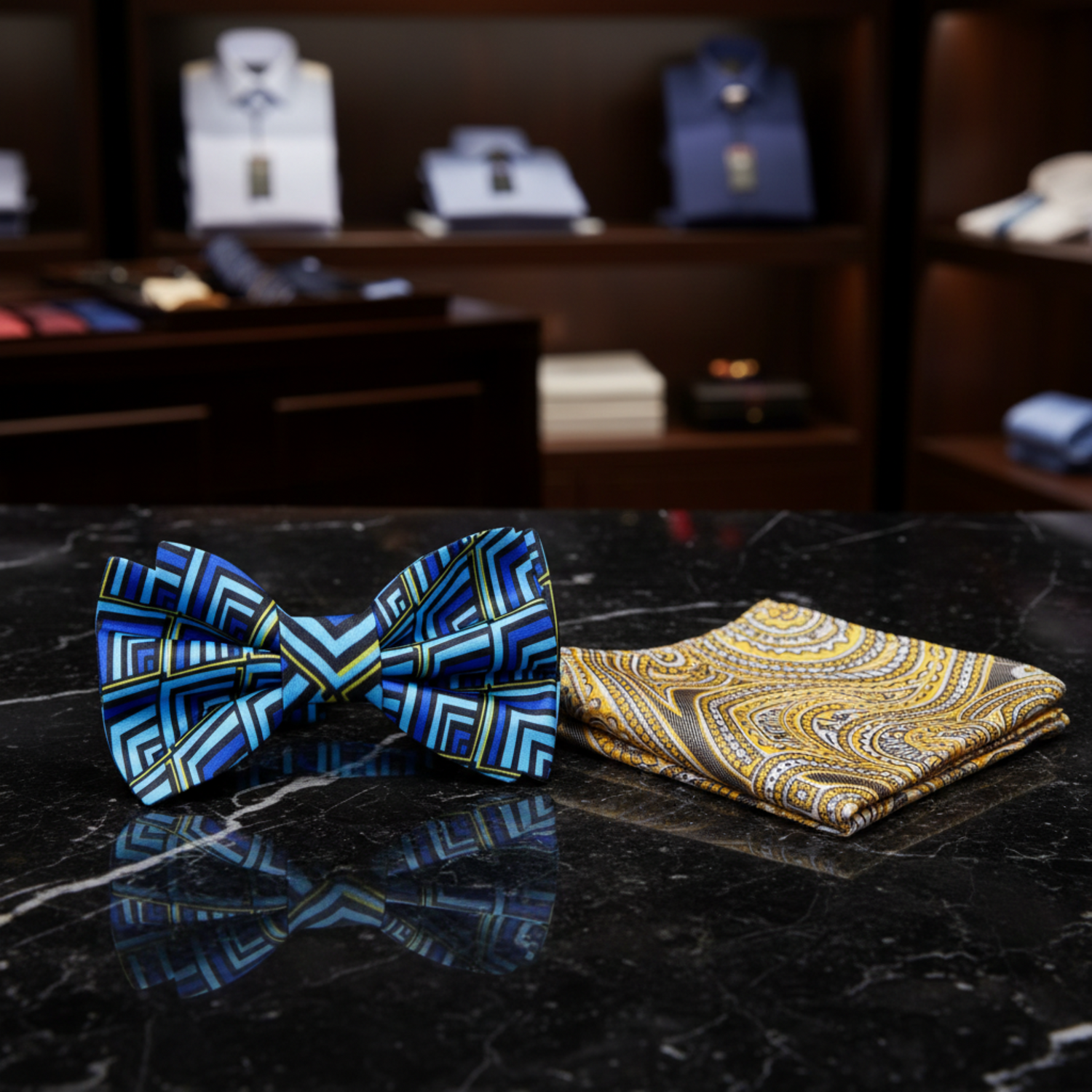 Light Blue Yellow Geometric Bow Tie and Accenting Square