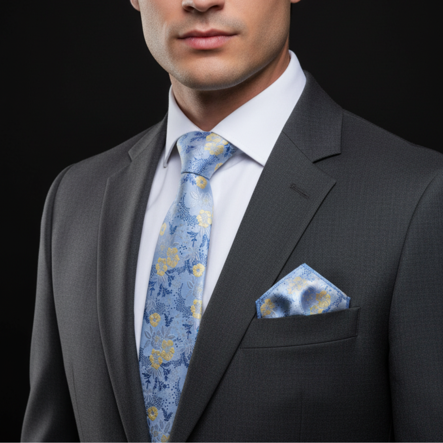 Man wearing a gray suit with a blue floral tie and pocket square on a black background