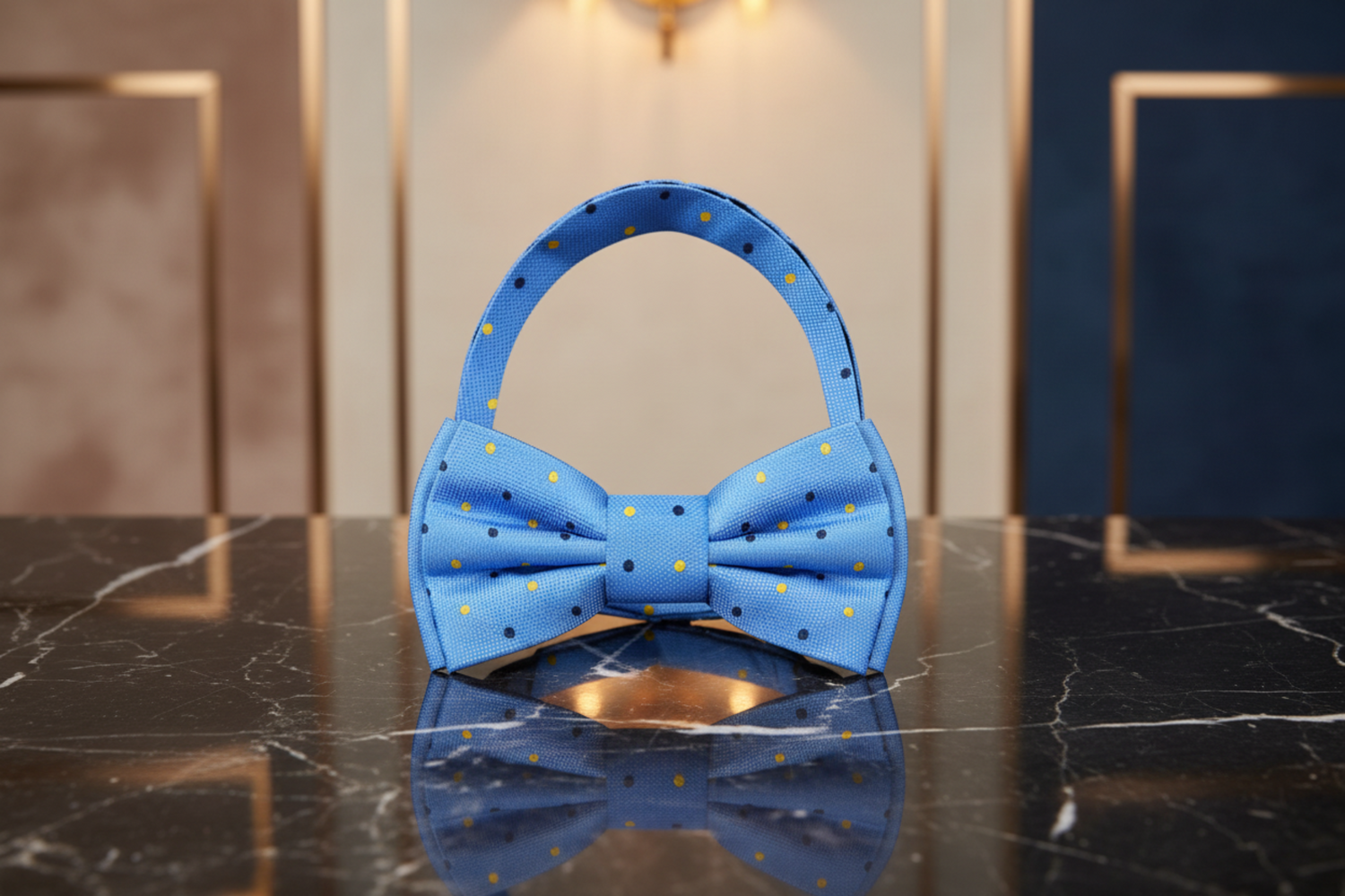 Light Blue with Dark Blue, Yellow Color Dots Bow Tie Pre Tied