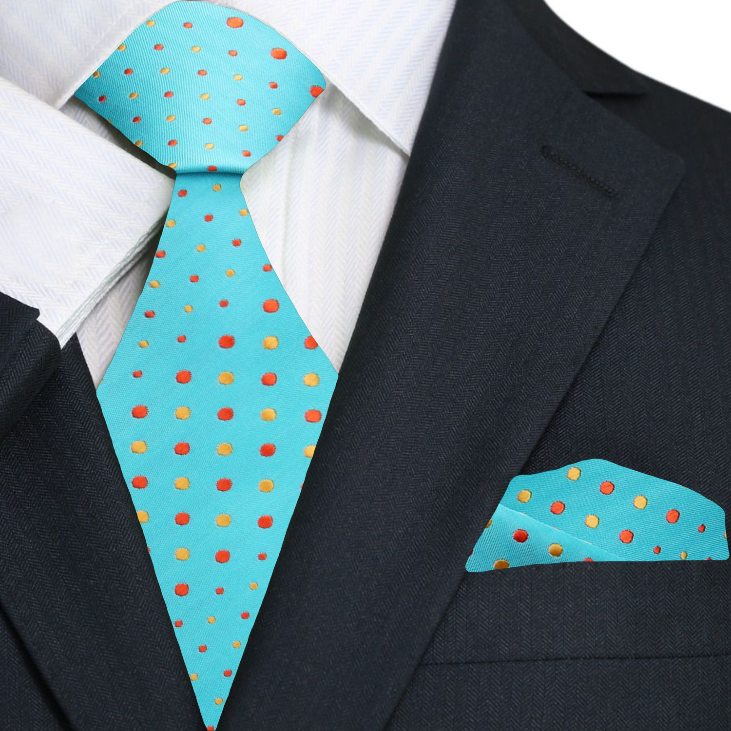 Main A Light Blue, Orange, Yellow Polka Dot Pattern Necktie, Matching Pocket Square