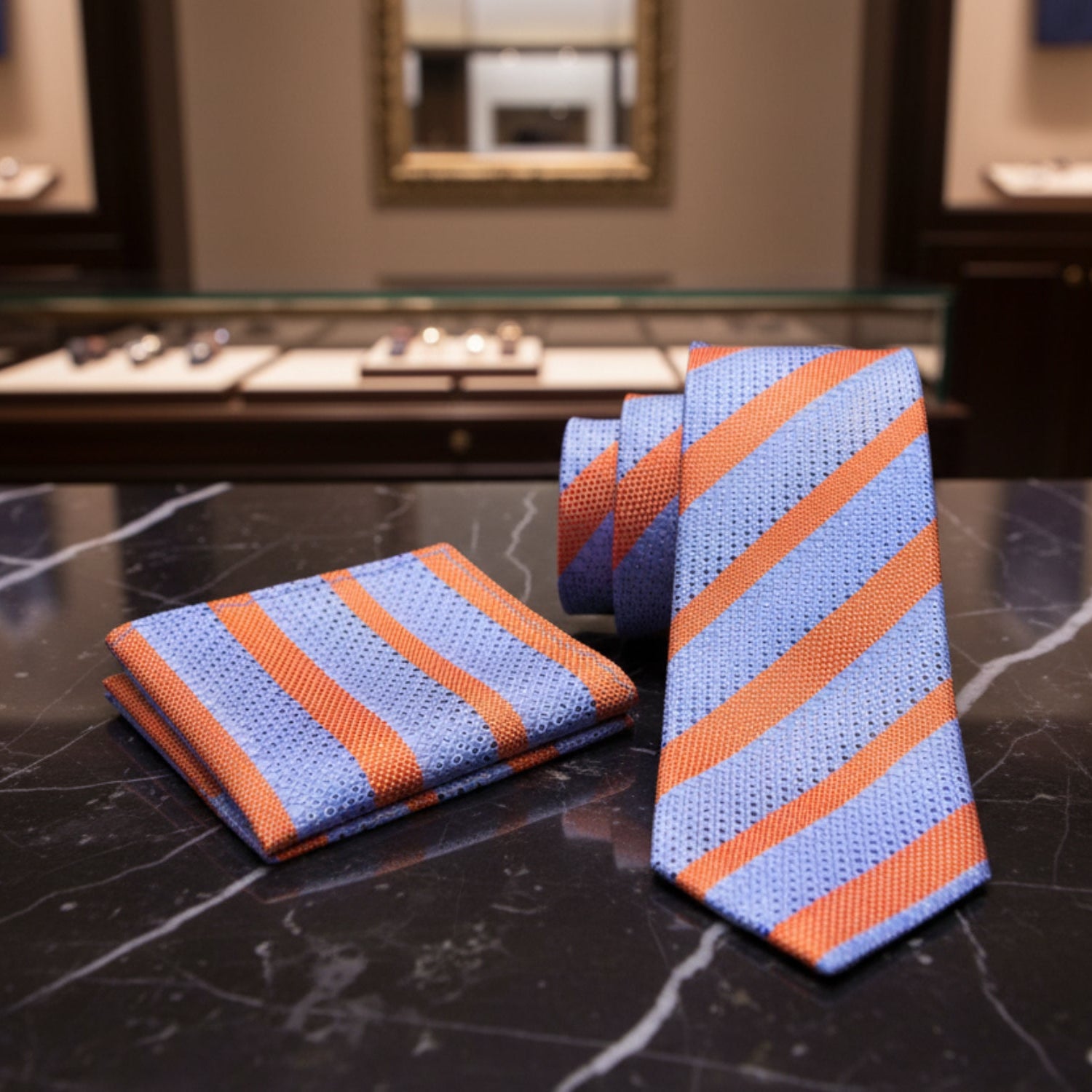 Main View:  Light Blue, Orange Stripe Tie and Matching Pocket Square