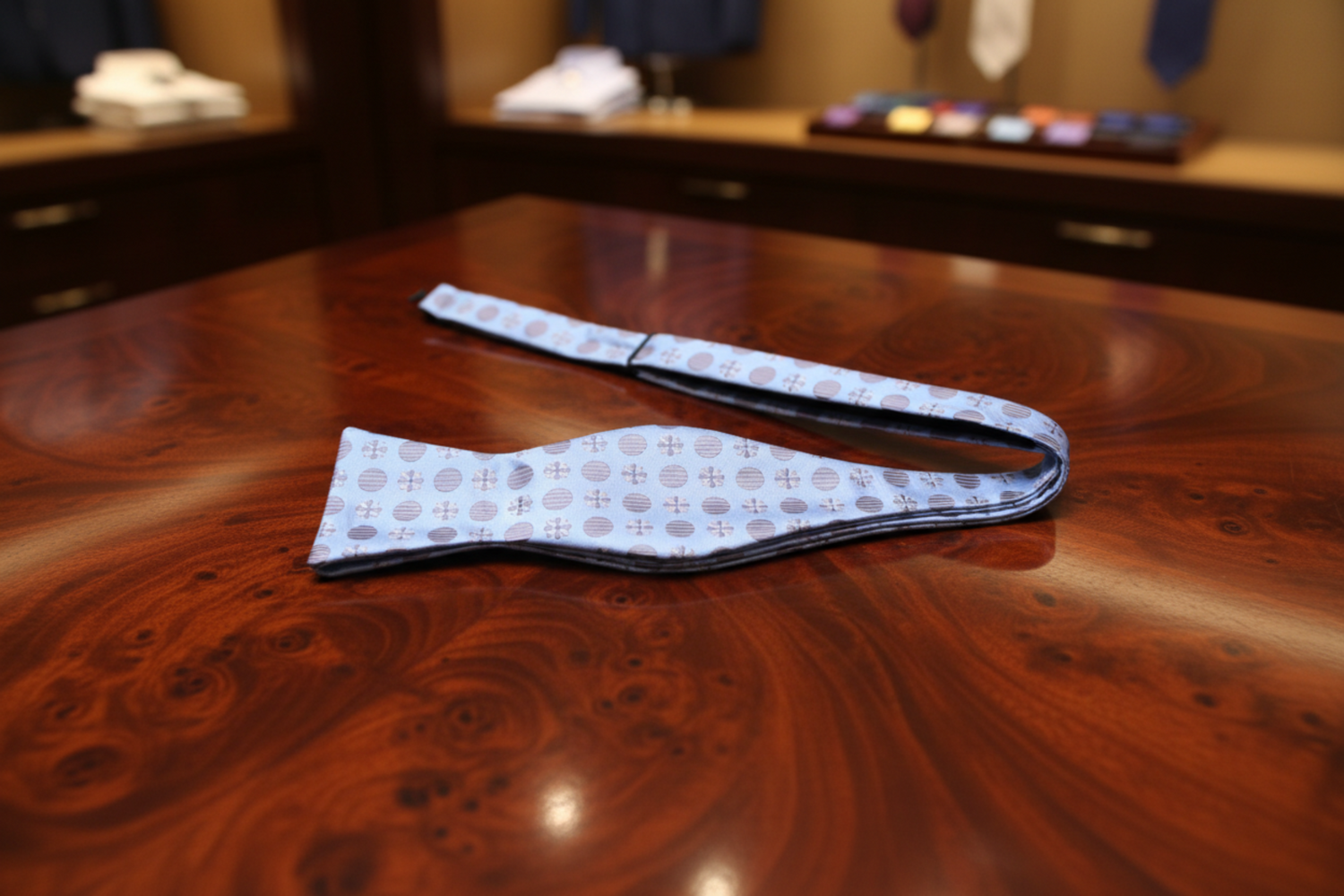 Blue, Grey Polka & Clover Bow Tie Self Tie