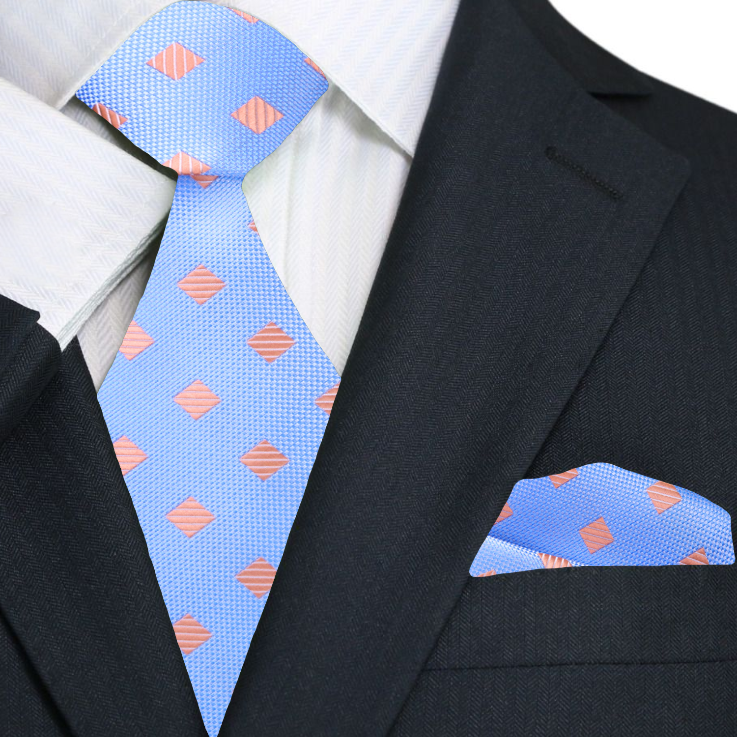 Light Blue and Salmon Geometric Necktie and Square