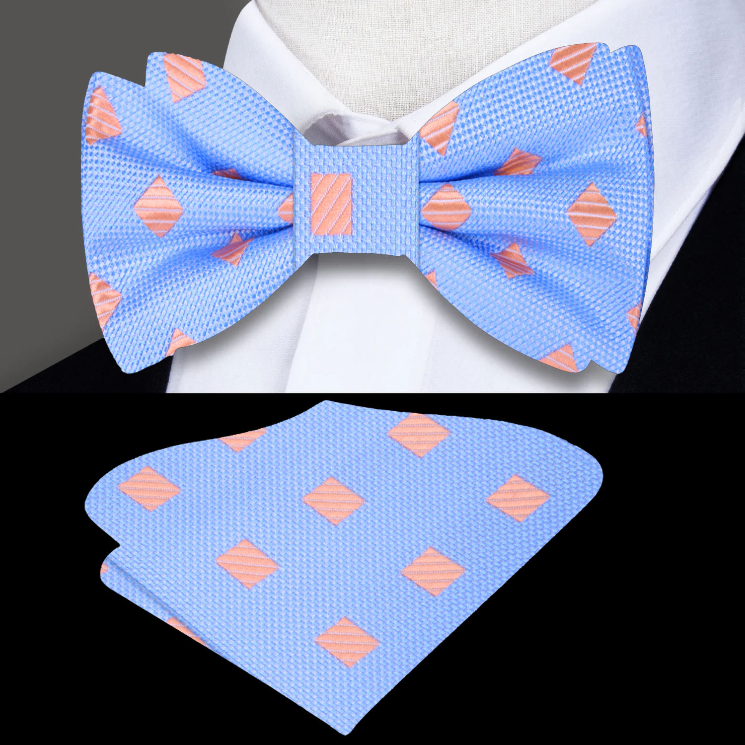 Light Blue, Peach Geometric Bow Tie and Pocket Square
