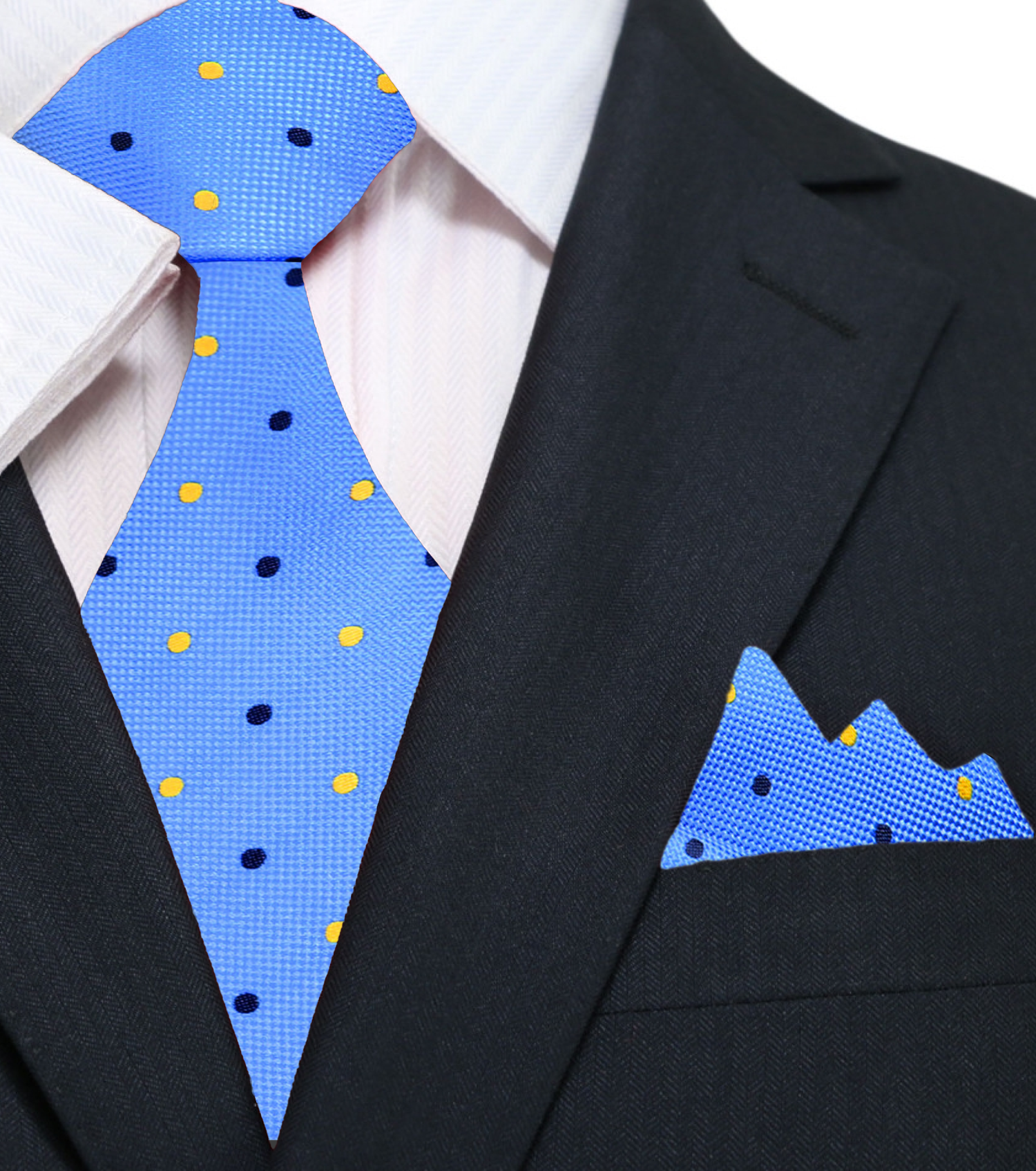 A Light Blue, Blue, Yellow Polka Dot Pattern Necktie, Matching Pocket Square