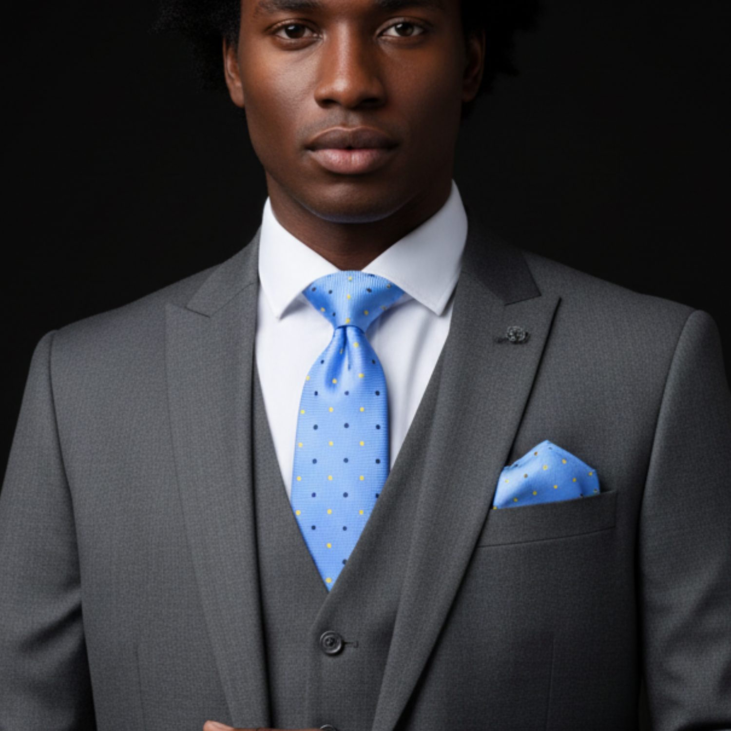 Light Blue Polka Dot Necktie and Matching Square on Man with Grey Suit