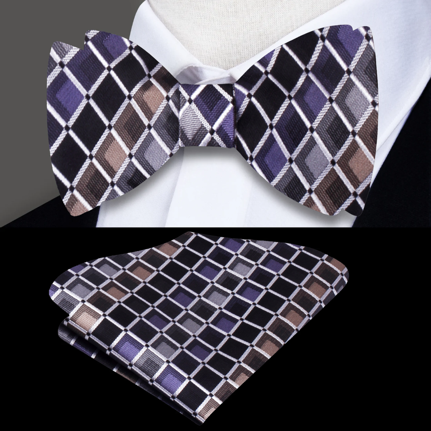 Light Brown, Grey, Black Check Bow Tie and Pocket Square||Brown, Dark Brown, Grey