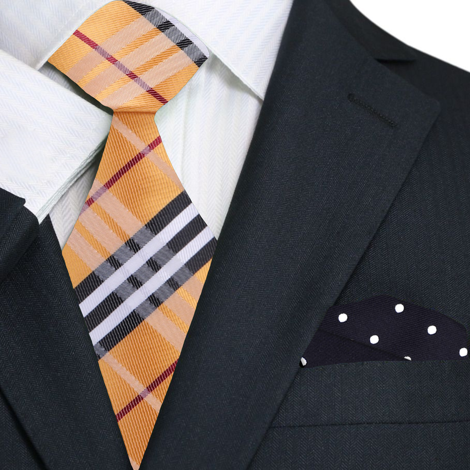 Premium Golden Brown, Black, White, Red Plaid Tie and Black with White Dots Square