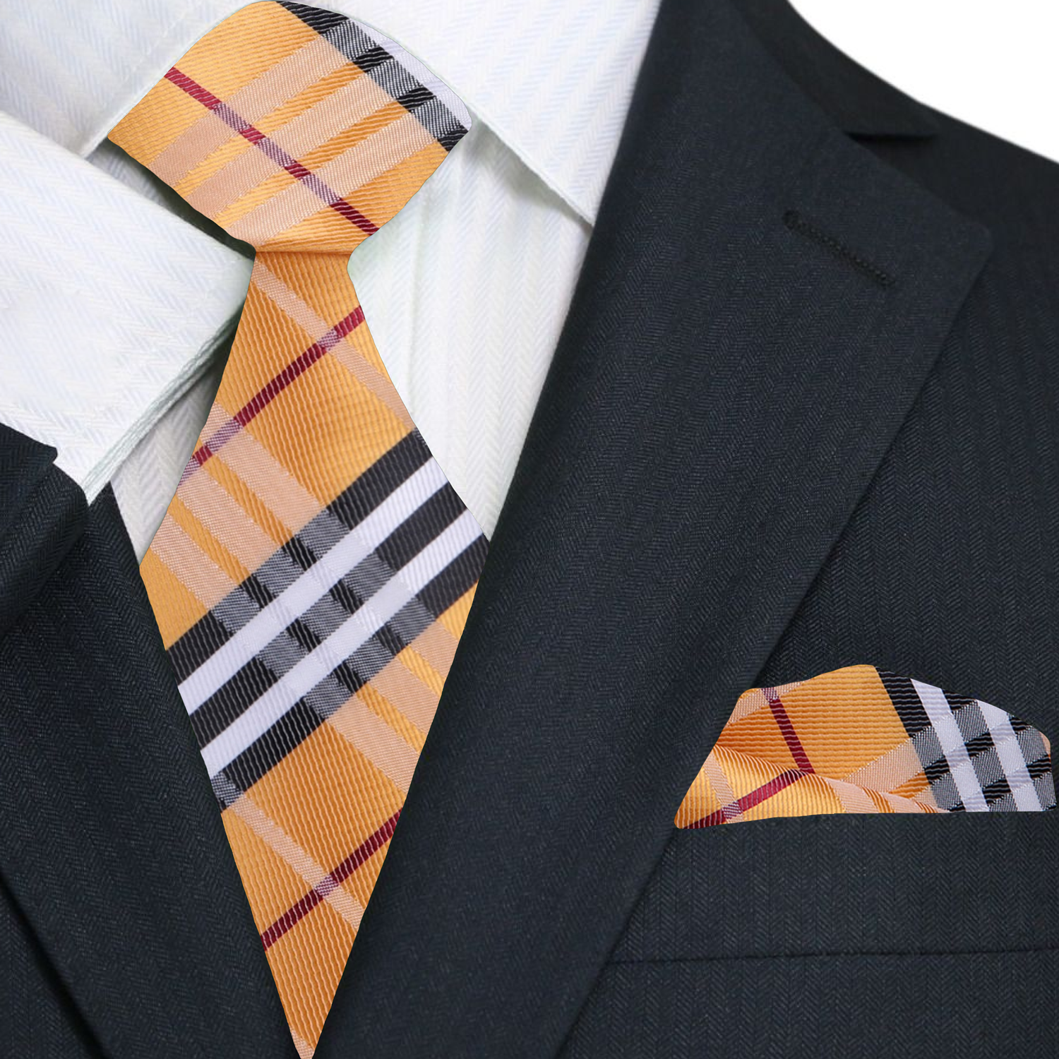 Golden Brown, Black, White, Red Plaid Tie and Black with Square