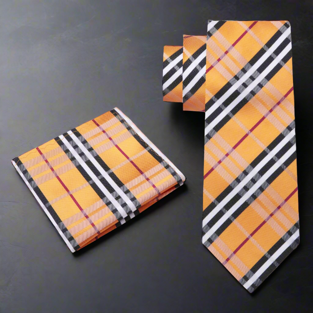 Alt Golden Brown, Black, White, Red Plaid Tie and Black with Square