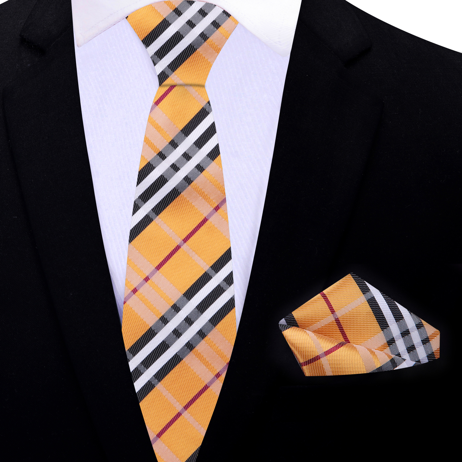 Thin Golden Brown, Black, White, Red Plaid Tie and Black with Square