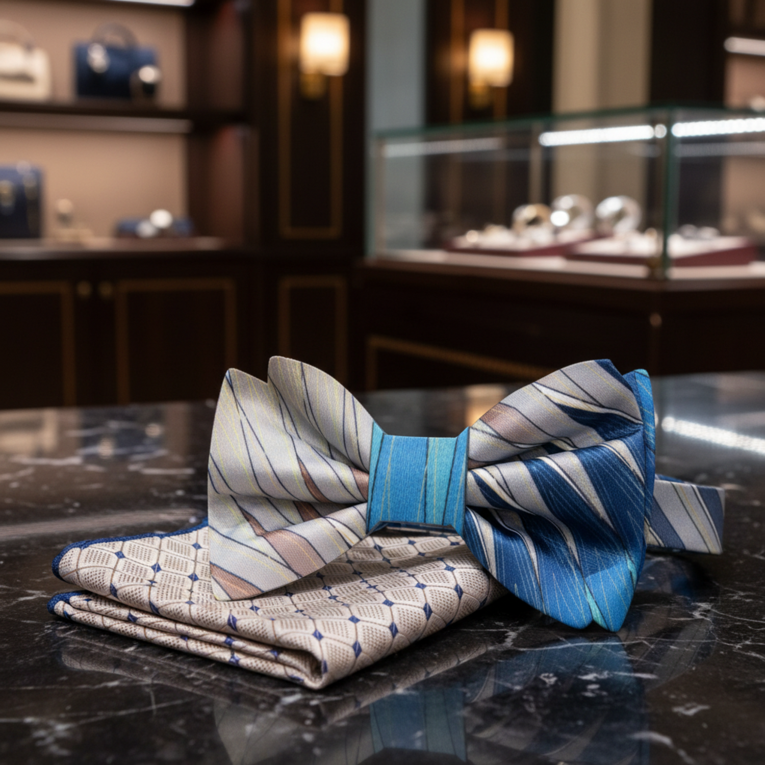 Light Brown, Blue Jagged Lines Bow Tie and Accenting Pocket Square