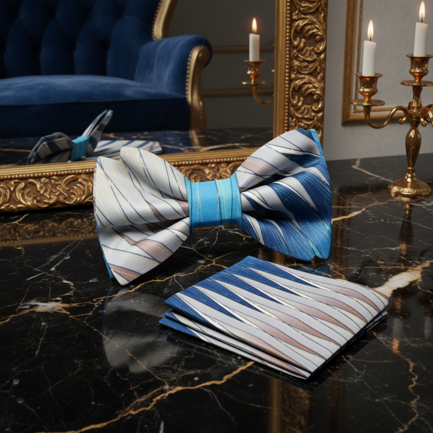 Light Brown, Blue Jagged Lines Bow Tie and Pocket Square