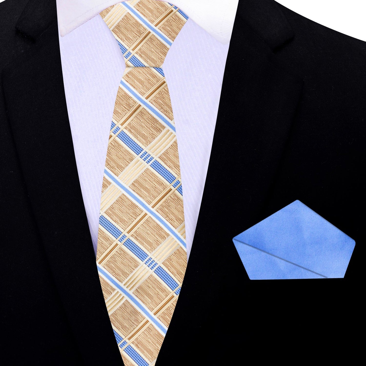 Man wearing a black suit with a patterned beige thin tie and blue pocket square.