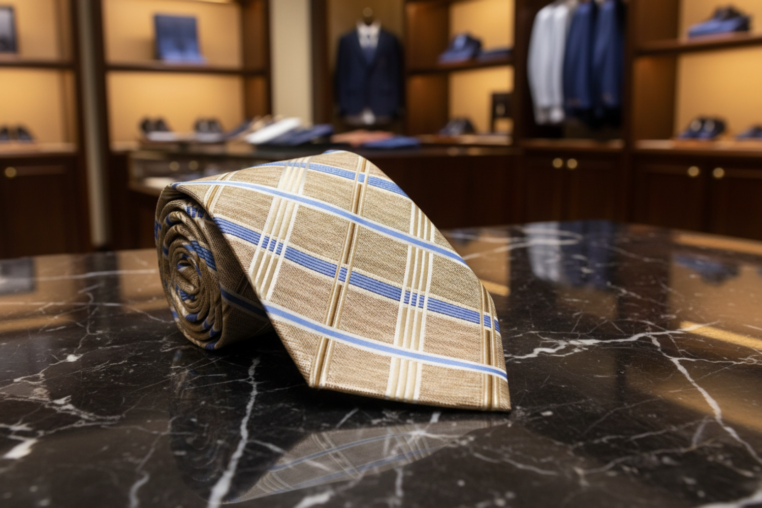 Light Brown Blue Plaid Tie