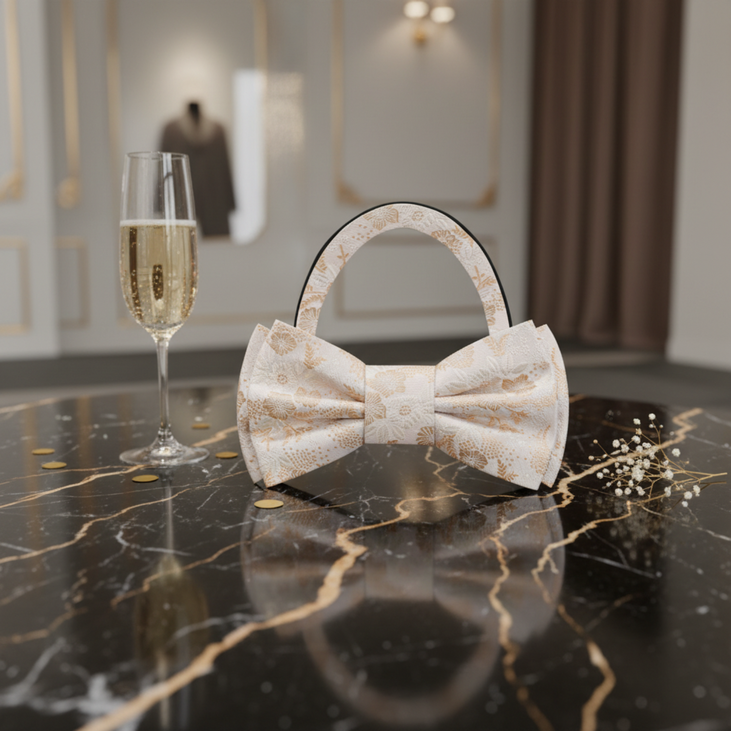 Brown, Champagne Floral Bow Tie Pre Tied