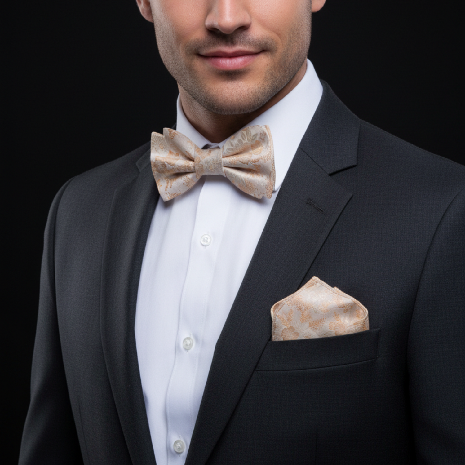 Man wearing a black tuxedo with a patterned bow tie and pocket square on a black background