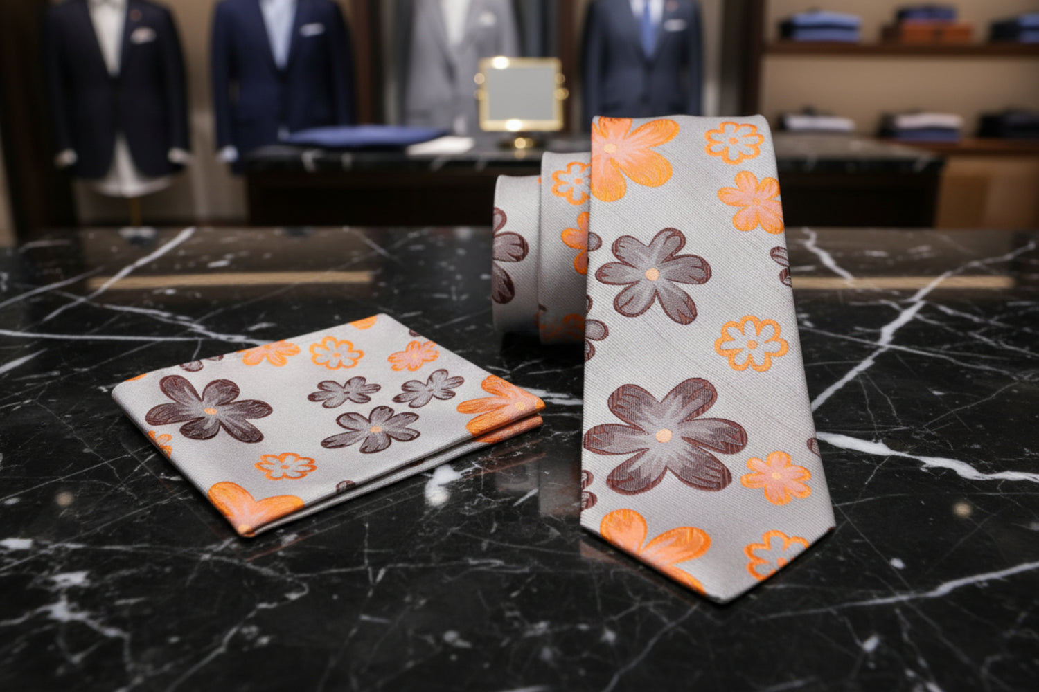Alt View: Beige With Brown and Orange Flowers Necktie and Matching Square
