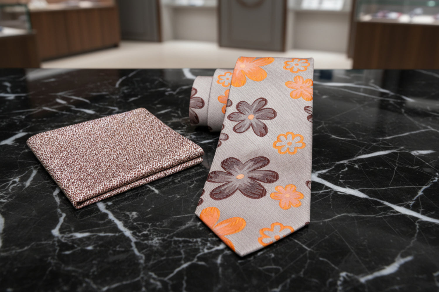 Alt View: Beige With Brown and Orange Flowers Necktie and Accenting Square